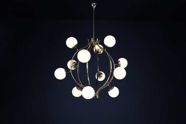 Mid-Century Chandelier in Brass and 12 Opaline Globes from Stilnovo, Italy 1950s-TRW-1797111