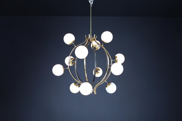 Mid-Century Chandelier in Brass and 12 Opaline Globes from Stilnovo, Italy 1950s-TRW-1797111