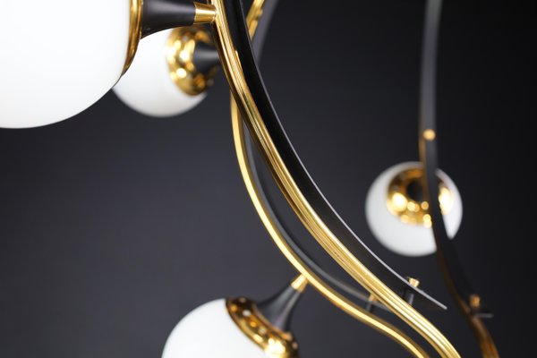 Mid-Century Chandelier in Brass and 12 Opaline Globes from Stilnovo, Italy 1950s-TRW-1797111