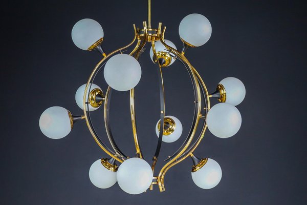 Mid-Century Chandelier in Brass and 12 Opaline Globes from Stilnovo, Italy 1950s-TRW-1797111