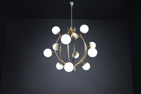 Mid-Century Chandelier in Brass and 12 Opaline Globes from Stilnovo, Italy 1950s-TRW-1797111