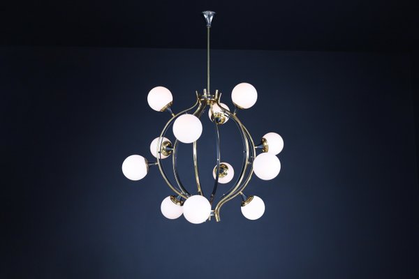 Mid-Century Chandelier in Brass and 12 Opaline Globes from Stilnovo, Italy 1950s-TRW-1797111