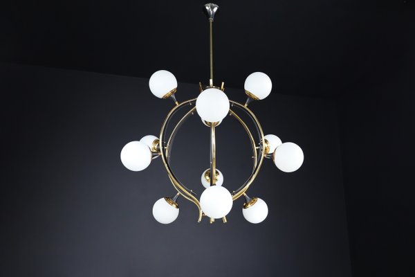 Mid-Century Chandelier in Brass and 12 Opaline Globes from Stilnovo, Italy 1950s-TRW-1797111