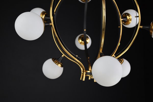 Mid-Century Chandelier in Brass and 12 Opaline Globes from Stilnovo, Italy 1950s-TRW-1797111