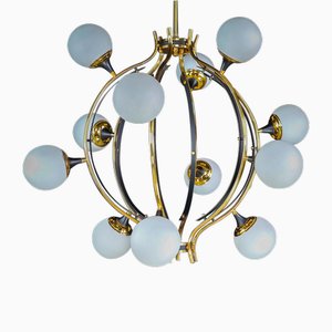 Mid-Century Chandelier in Brass and 12 Opaline Globes from Stilnovo, Italy 1950s-TRW-1797111