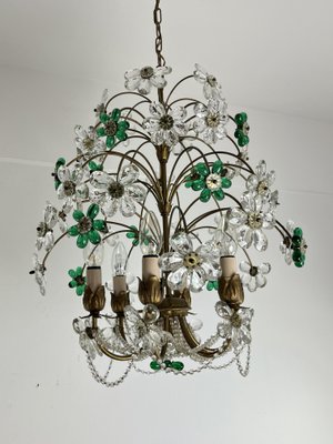 Mid-Century Chandelier with Green and Transparent Colored Flowers in Murano Glass, 1960s-YST-2020703