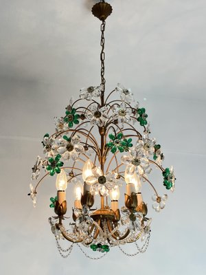 Mid-Century Chandelier with Green and Transparent Colored Flowers in Murano Glass, 1960s-YST-2020703