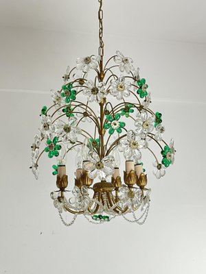 Mid-Century Chandelier with Green and Transparent Colored Flowers in Murano Glass, 1960s-YST-2020703