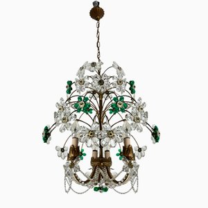 Mid-Century Chandelier with Green and Transparent Colored Flowers in Murano Glass, 1960s-YST-2020703