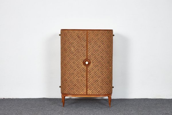 Mid-Century Cherrywood Mini Bar Cabinet with Floral Upholstery in the style of Josef Frank, Austria, 1940s-XCG-1781279