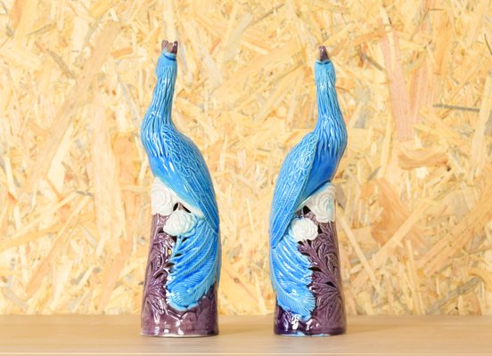 Mid-Century Chinise Turquoise Porcelain Peacocks, 1950s, Set of 2-IJF-1751970