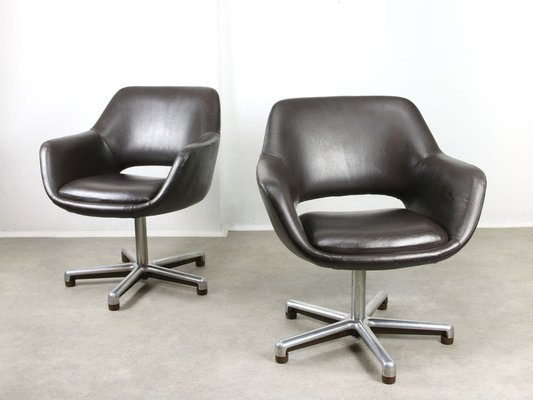 Mid-Century Chocolate Brown Leather Swivel Chair-HGJ-1760902