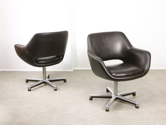 Mid-Century Chocolate Brown Leather Swivel Chair-HGJ-1760902