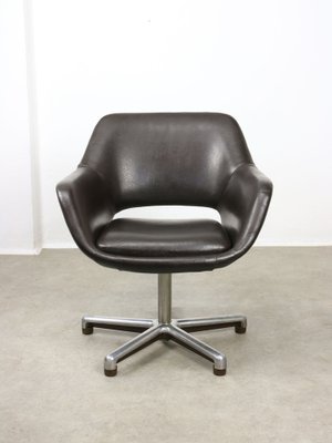 Mid-Century Chocolate Brown Leather Swivel Chair-HGJ-1760874