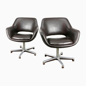 Mid-Century Chocolate Brown Leather Swivel Chair-HGJ-1760902