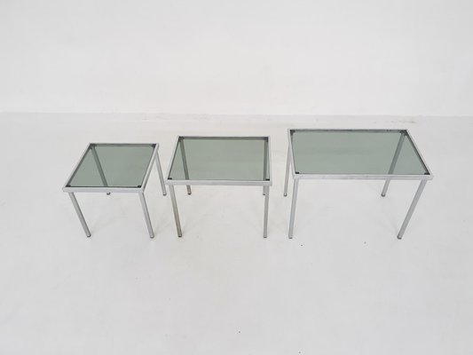 Mid-Century Chrome and Glass Nesting Tables, 1970s, Set of 3-ZO-963467