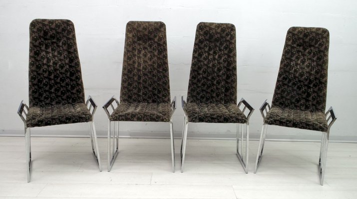 Mid-Century Chrome Steel and Velvet Dining Chairs, 1970s, Set of 4-FER-683371