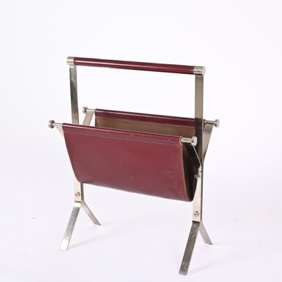 Mid-Century Chromed Steel and Red Leather Magazine Rack from Alessandro Albrizzi, 1970s-JDR-1356978