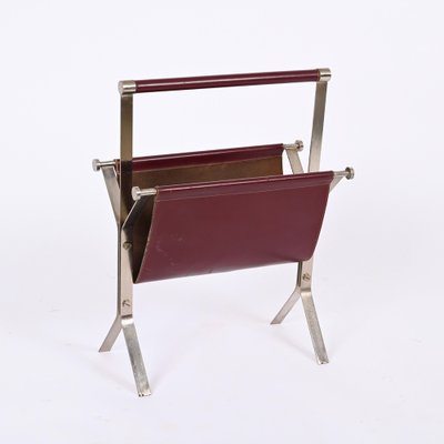 Mid-Century Chromed Steel and Red Leather Magazine Rack from Alessandro Albrizzi, 1970s-JDR-1356978