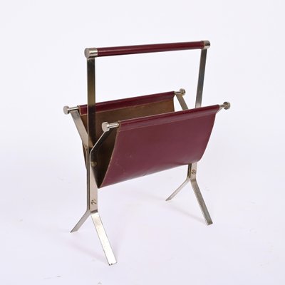 Mid-Century Chromed Steel and Red Leather Magazine Rack from Alessandro Albrizzi, 1970s-JDR-1356978