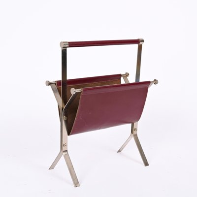 Mid-Century Chromed Steel and Red Leather Magazine Rack from Alessandro Albrizzi, 1970s-JDR-1356978