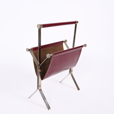 Mid-Century Chromed Steel and Red Leather Magazine Rack from Alessandro Albrizzi, 1970s-JDR-1356978