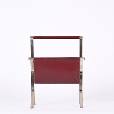 Mid-Century Chromed Steel and Red Leather Magazine Rack from Alessandro Albrizzi, 1970s-JDR-1356978