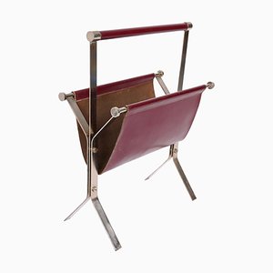 Mid-Century Chromed Steel and Red Leather Magazine Rack from Alessandro Albrizzi, 1970s-JDR-1356978