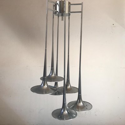 Mid-Century Chromed Steel Ceiling Lamp with 6 Trumpets-VJY-864439