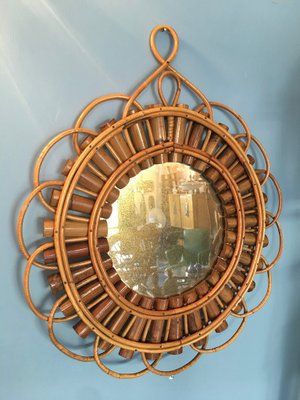 Mid-Century Circular Mirror with Weave Bamboo, 1950s-GGK-702597