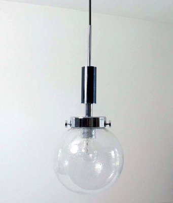 Mid-Century Clear Bubble Glass, Chrome & Black Leather Pendant, Germany, 1960s-OE-897814