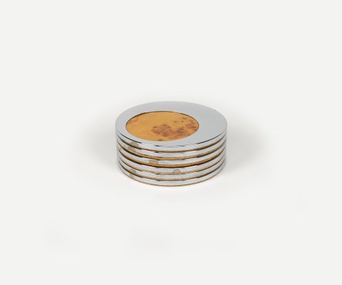 Mid-Century Coasters in Chrome and Wood, Italy, 1970s, Set of 6-LYQ-1750926