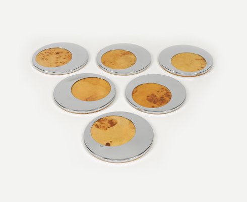 Mid-Century Coasters in Chrome and Wood, Italy, 1970s, Set of 6-LYQ-1750926