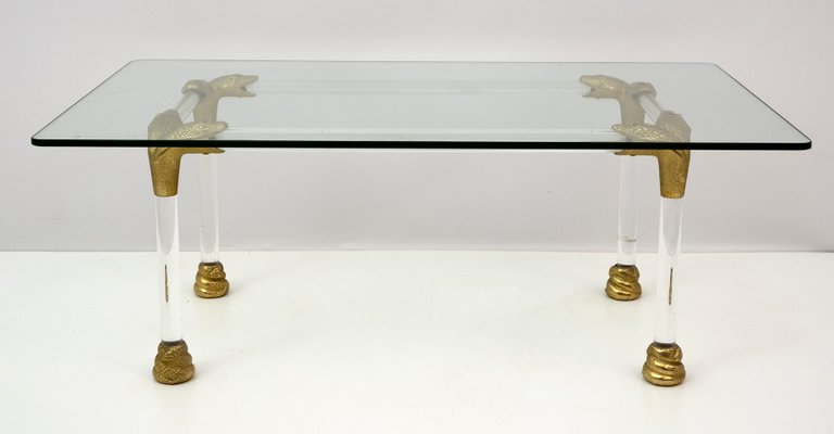 Mid-Century Coffee Table in Acrylic Glass and Brass with Snake Head Details, Italy, 1970s-FER-1076286