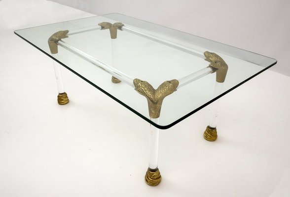 Mid-Century Coffee Table in Acrylic Glass and Brass with Snake Head Details, Italy, 1970s-FER-1076286