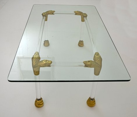 Mid-Century Coffee Table in Acrylic Glass and Brass with Snake Head Details, Italy, 1970s-FER-1076286