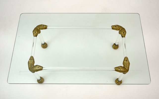 Mid-Century Coffee Table in Acrylic Glass and Brass with Snake Head Details, Italy, 1970s-FER-1076286