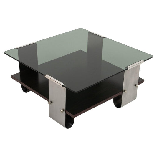 Mid-Century Coffee Table in Steel, Wood & Glass by Francois Monnet, France, 1970s