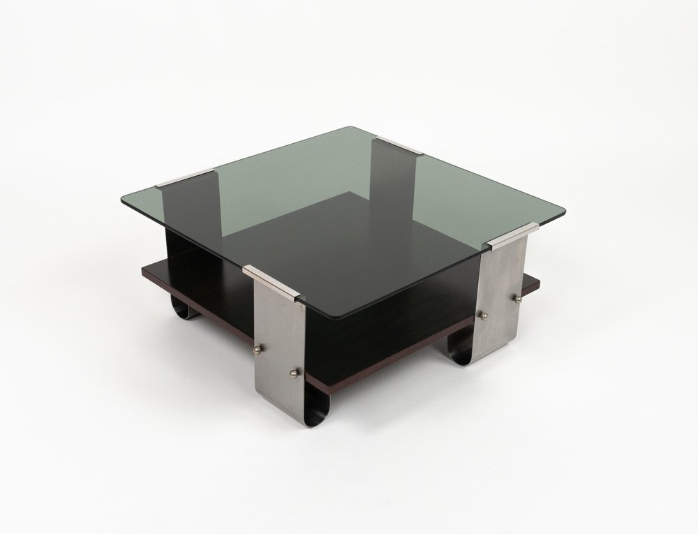 Mid-Century Coffee Table in Steel, Wood & Glass by Francois Monnet, France, 1970s