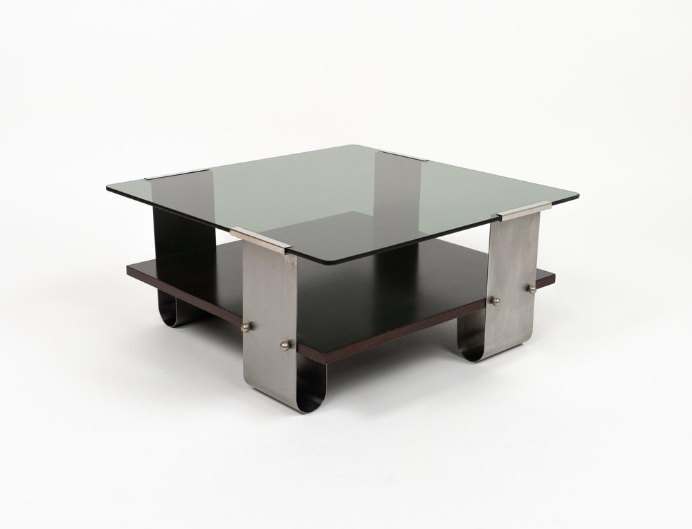 Mid-Century Coffee Table in Steel, Wood & Glass by Francois Monnet, France, 1970s