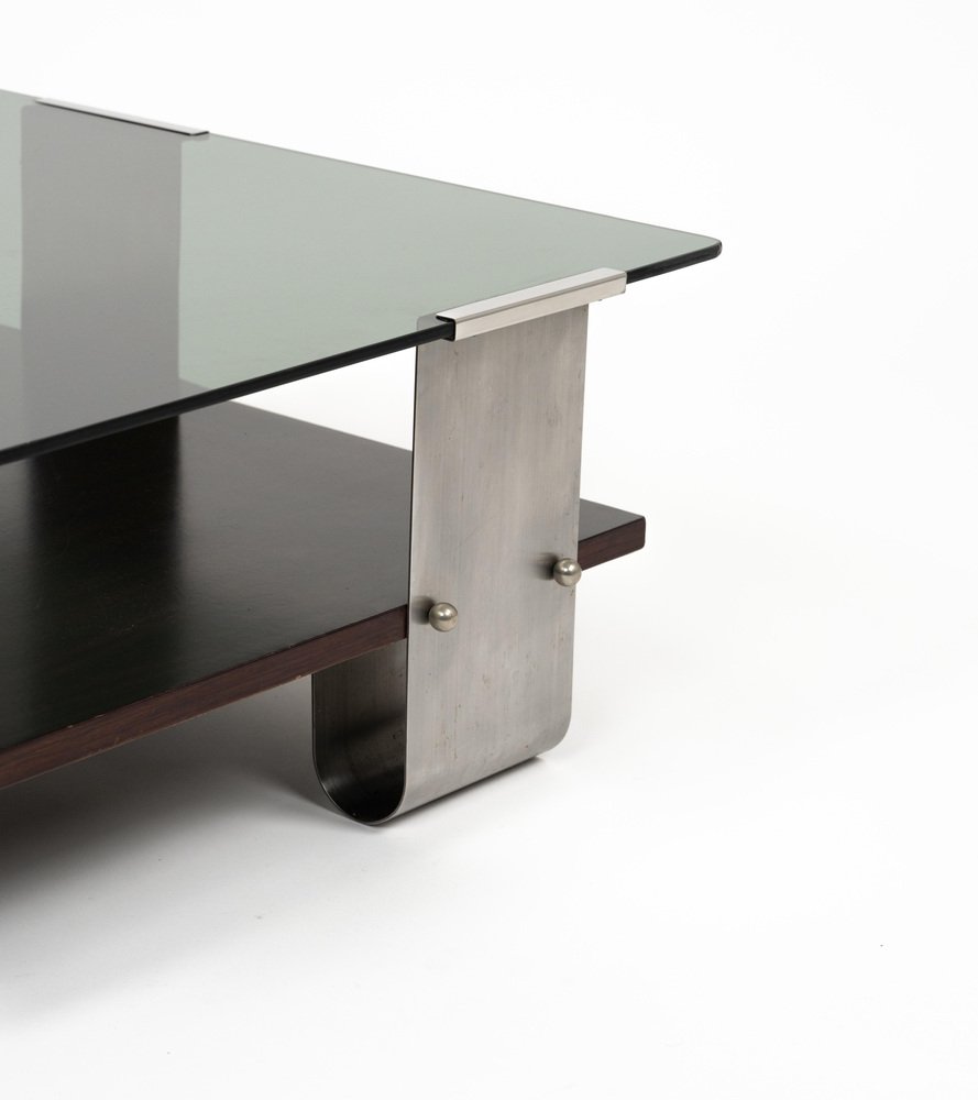 Mid-Century Coffee Table in Steel, Wood & Glass by Francois Monnet, France, 1970s