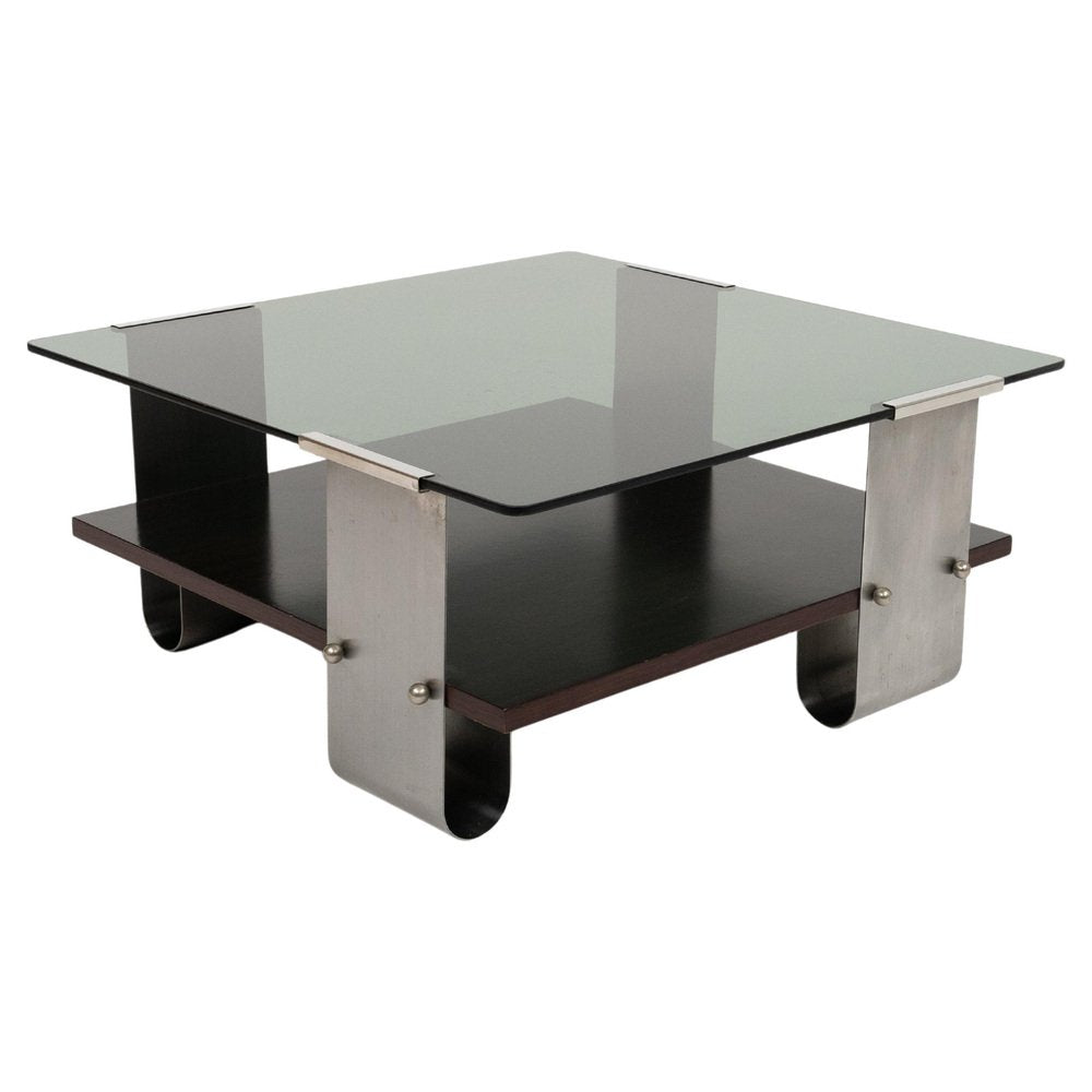 Mid-Century Coffee Table in Steel, Wood & Glass by Francois Monnet, France, 1970s