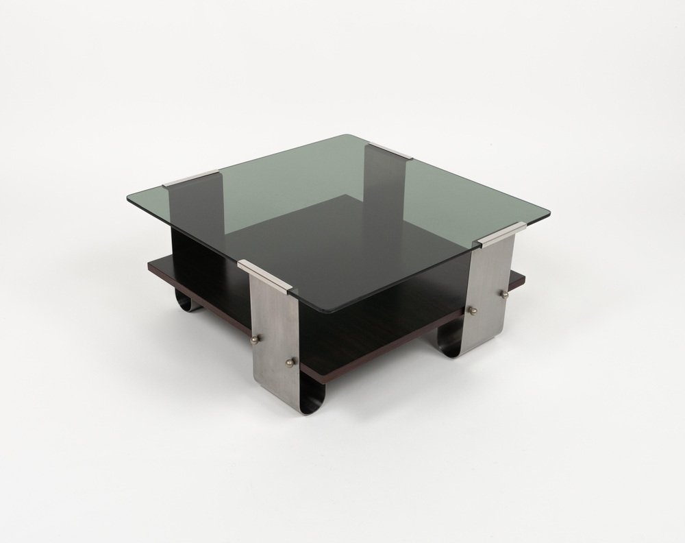 Mid-Century Coffee Table in Steel, Wood & Glass by Francois Monnet, France, 1970s