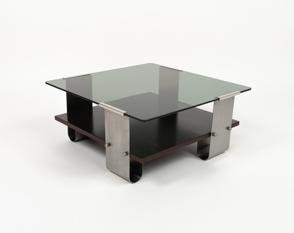 Mid-Century Coffee Table in Steel, Wood & Glass by Francois Monnet, France, 1970s