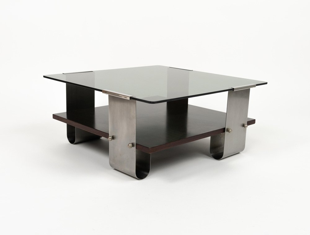 Mid-Century Coffee Table in Steel, Wood & Glass by Francois Monnet, France, 1970s