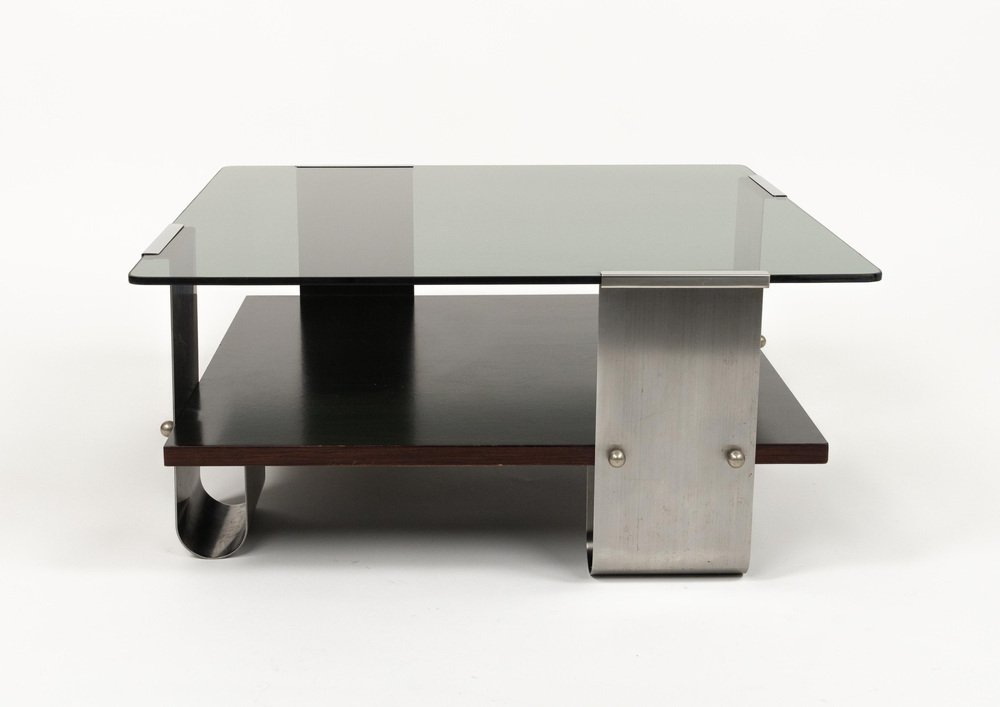 Mid-Century Coffee Table in Steel, Wood & Glass by Francois Monnet, France, 1970s