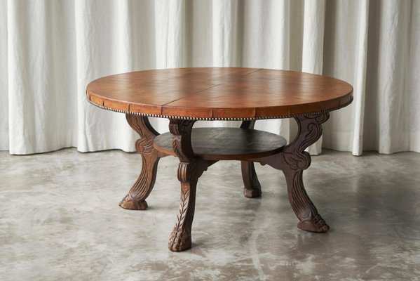 Mid-Century Coffee Table in Wood and Patinated Cognac Leather, 1940s-FEW-2024240