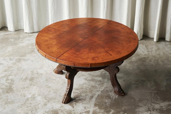 Mid-Century Coffee Table in Wood and Patinated Cognac Leather, 1940s-FEW-2024240