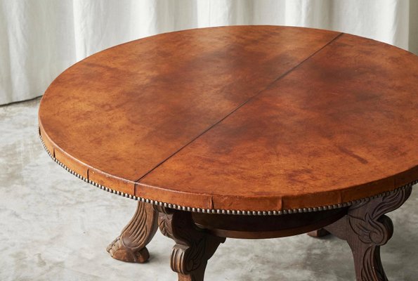 Mid-Century Coffee Table in Wood and Patinated Cognac Leather, 1940s-FEW-2024240