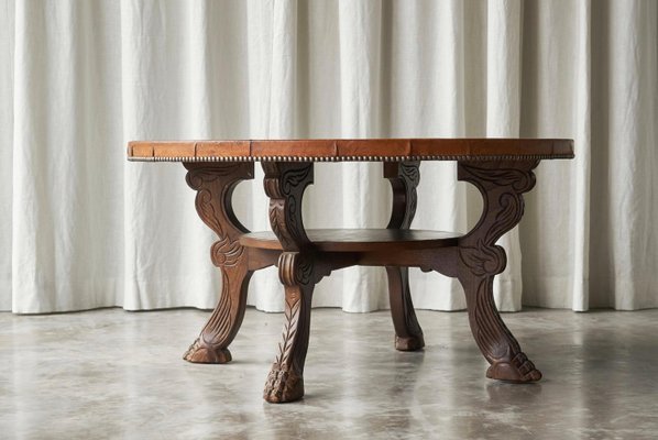 Mid-Century Coffee Table in Wood and Patinated Cognac Leather, 1940s-FEW-2024240